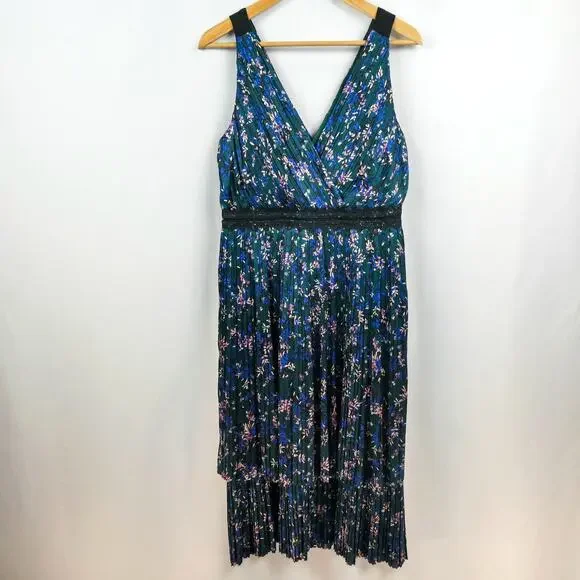 Banana Republic Sleeveless Micro Pleat Dress Sz 8 Petite Green Blue Floral Midi - Picture 13 of 13